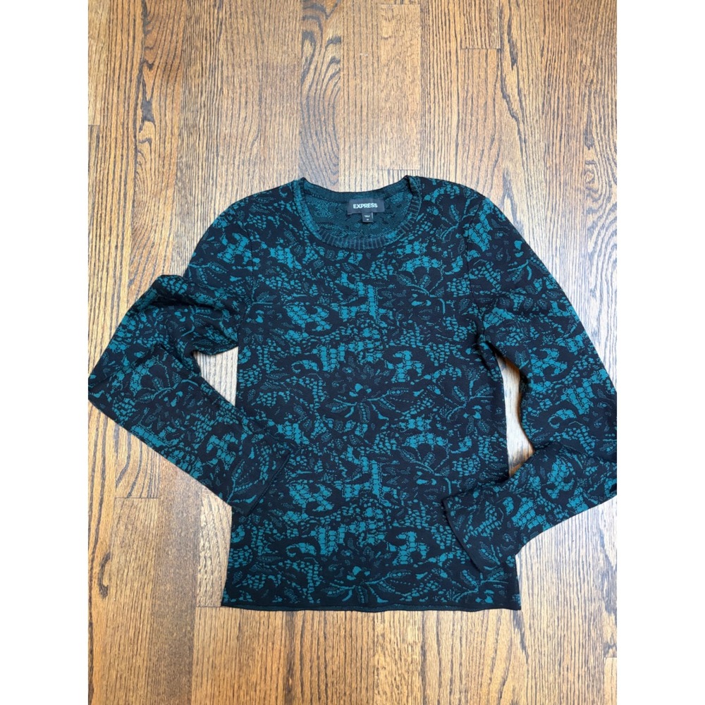 Express Sweater M Teal Floral Lace Knit Whimsigoth Dark Academia Y2K Witchy